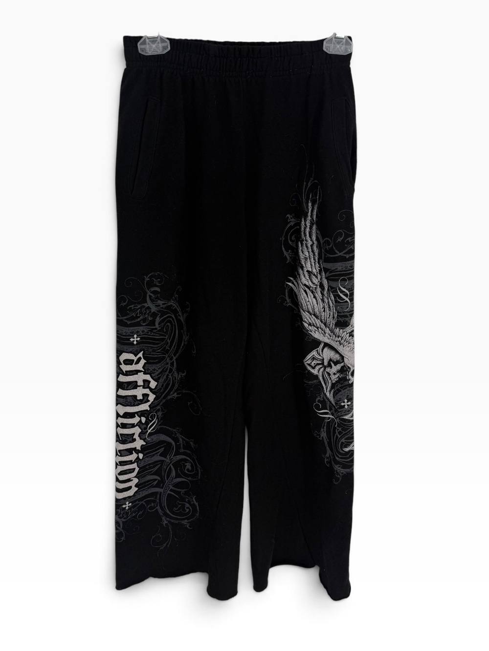 AFFLICTION SKELETON WIDE LEG SWEATPANTS women Black SIZE S Pockets raw hem